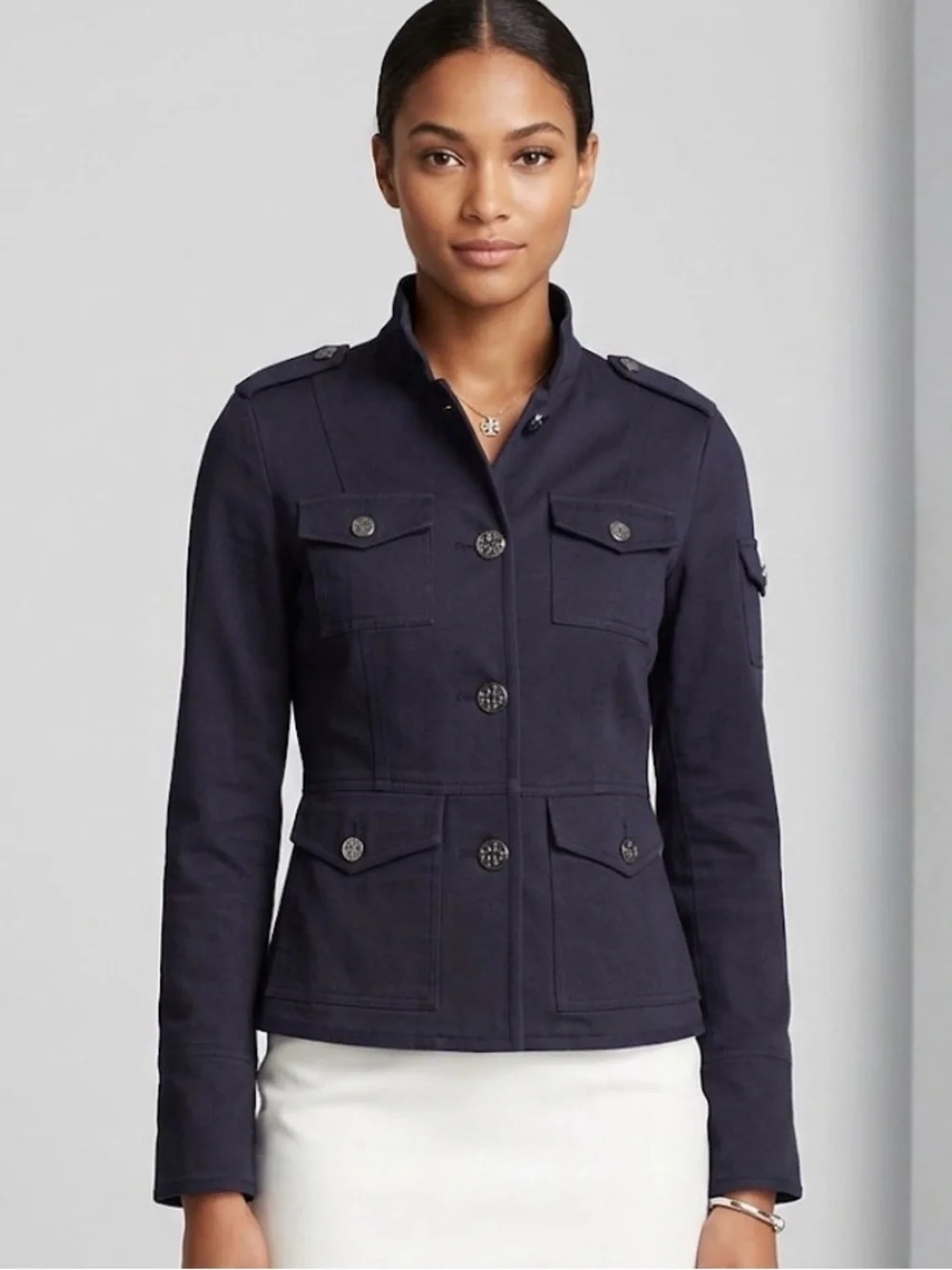 Tory Burch Dark Navy Utility Jacket with Silver Logo Buttons